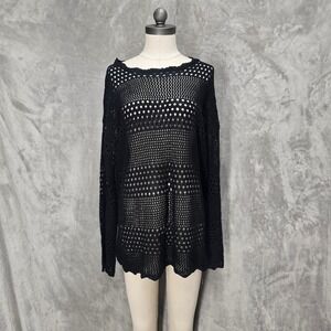 Cupshe Women M Blk Crochet Open Knit Oversized Beach Coverup Sweater Long Sleeve